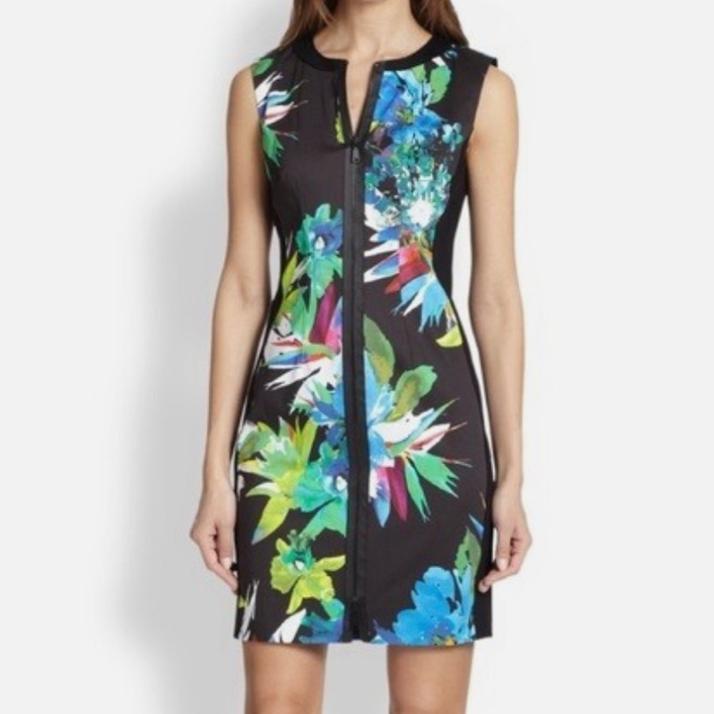 Elie Tahari Mila Zip Front Floral Cotton Blend Sleeveless Sheath Dress Size 10 - Picture 2 of 9